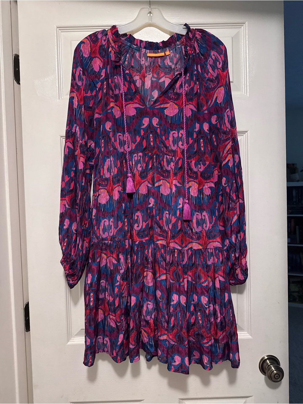 Oliphant Floral Tie-Neck Long Sleeve Mini Dress in Magenta and Navy